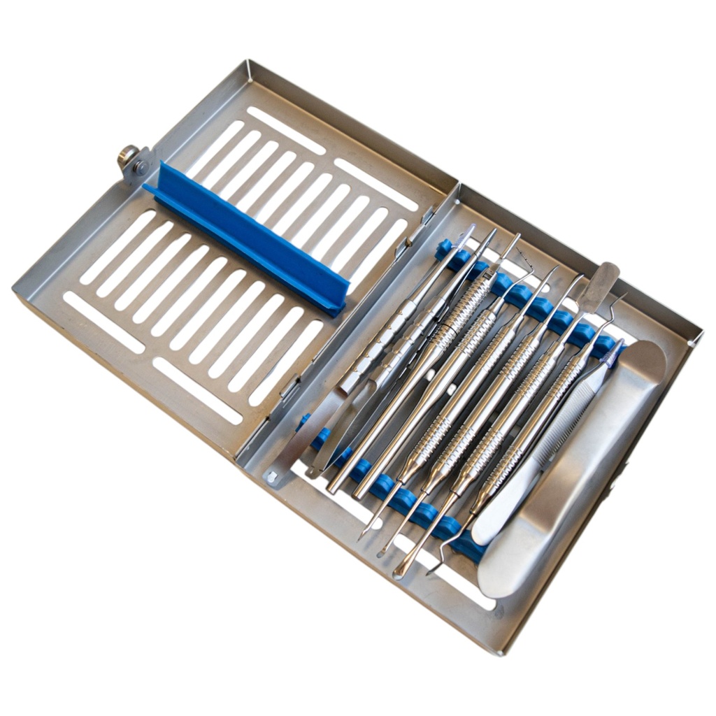 KIT DE CIRUGIA IMPLANTOLOGICA PERIODONTAL CON CASETTE METÁLICO GRIS
