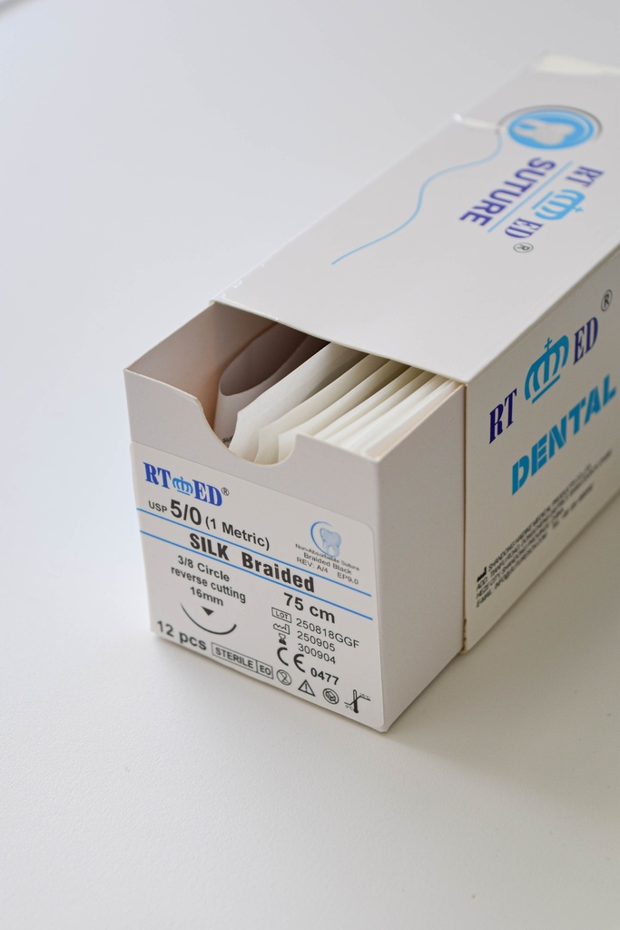 KIT DE SUTURA DE SEDA 5/0.75cm LONGITUD- AGUJA 3/8 DE CÍRCULO Y 16mm LARGO x 12 uds