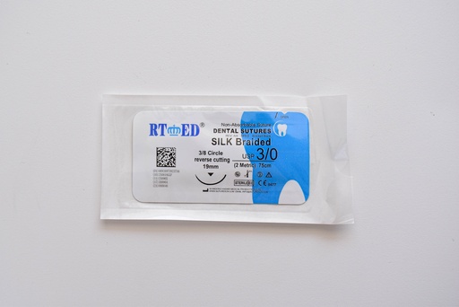 [SUT0001] SUTURA DE SEDA 3/0.75cm LONGITUD- AGUJA 3/8 DE CÍRCULO Y 19mm LARGO